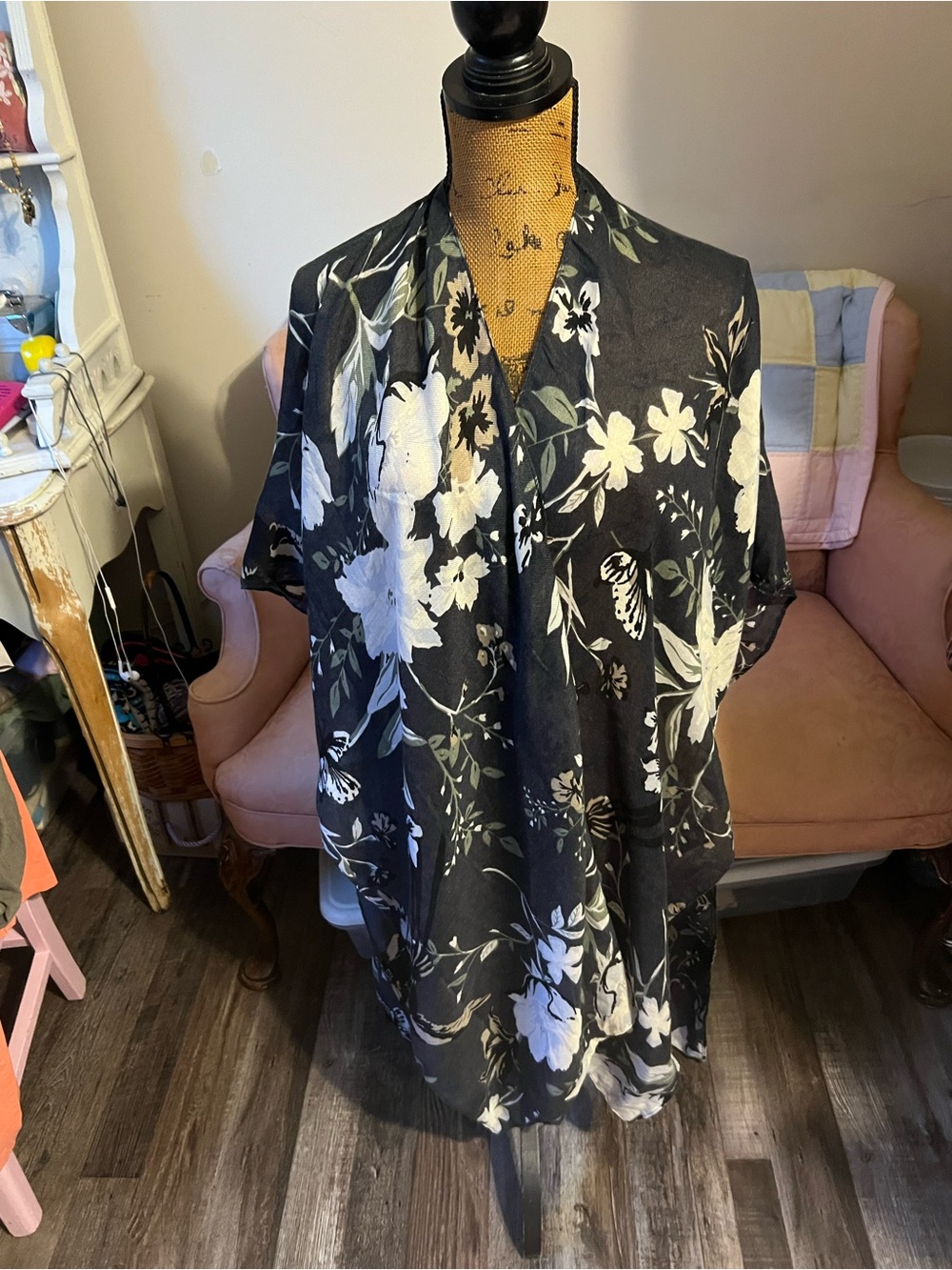 Black Floral Kimono Cover-Up with White & Green Blooms